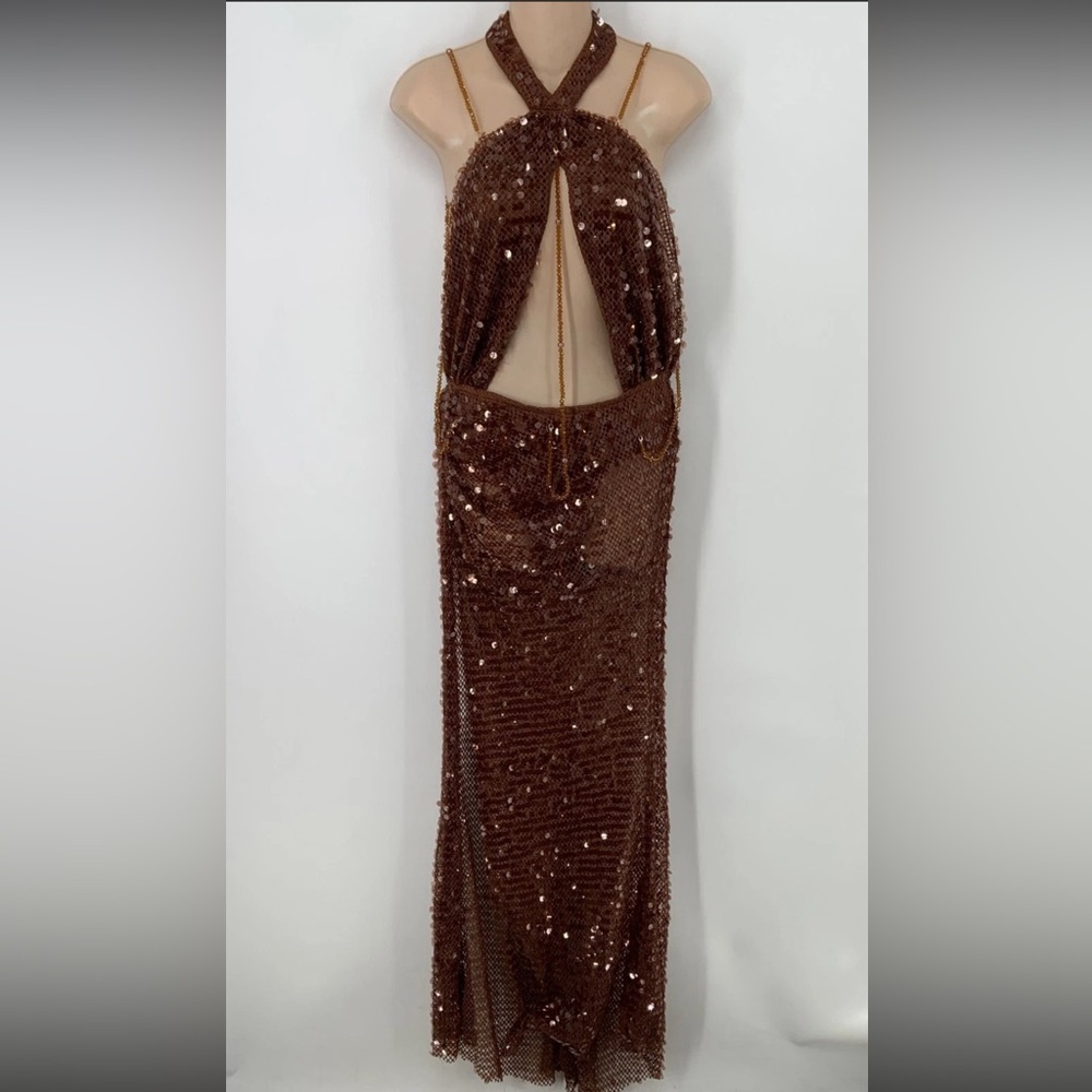 12th Tribe Bellagio Sequin Mesh Bronze Maxi Dress Cut Out Festival Size Large - Picture 4 of 7